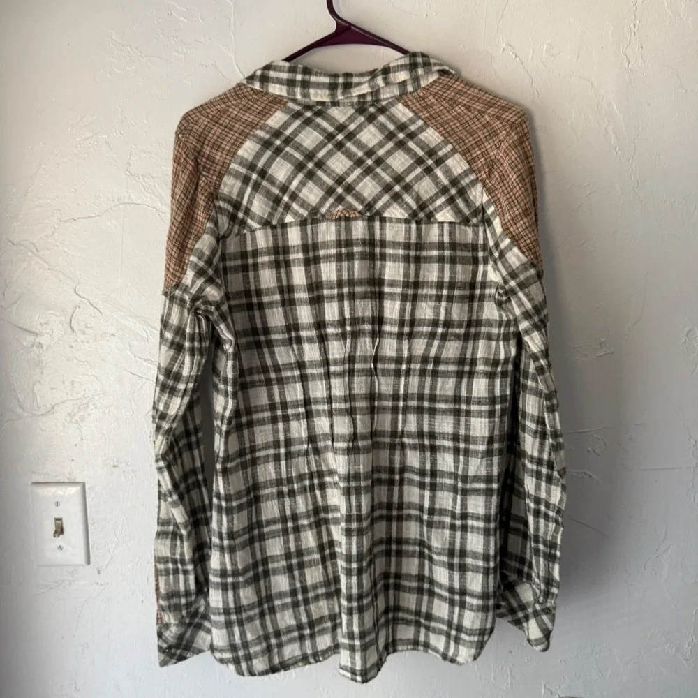 Free People‎ Womens Plaid Long Sleeve Button Shirt Olive Green Bohemian Cabin XS